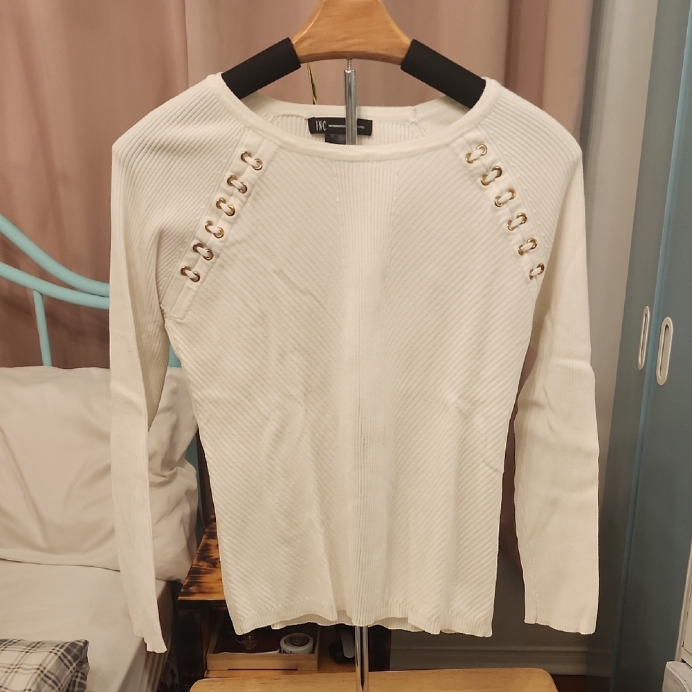 INC International Concepts Cream Embellished Long Sleeve Tee